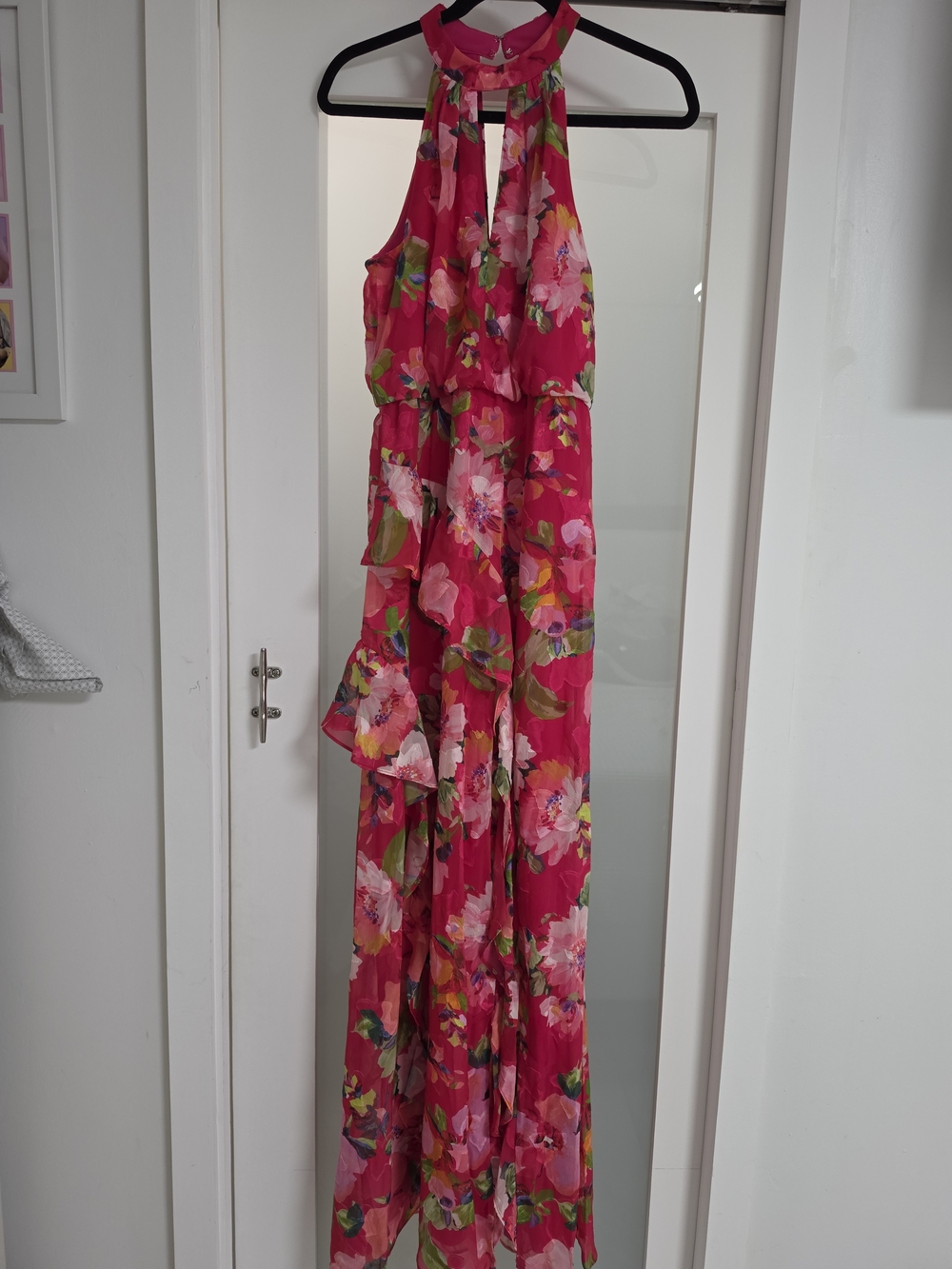 Adrianna Papell Hot Pink Floral Halter Long Sleeve Dress